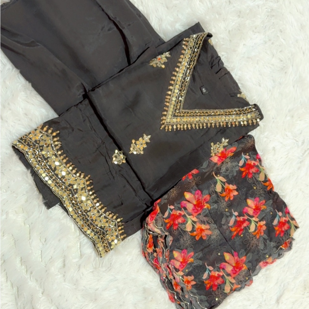 Elegant Black and Gold Embellished Suit with Floral Scarf